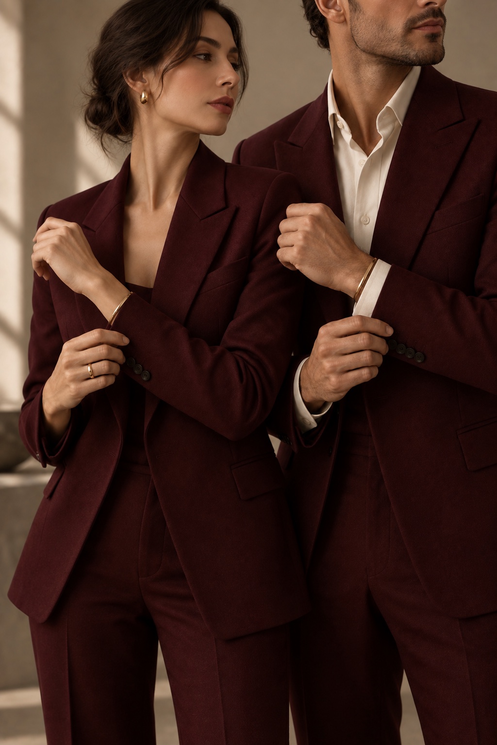 Elegant man and woman in coordinated oxblood tailoring in soft window light